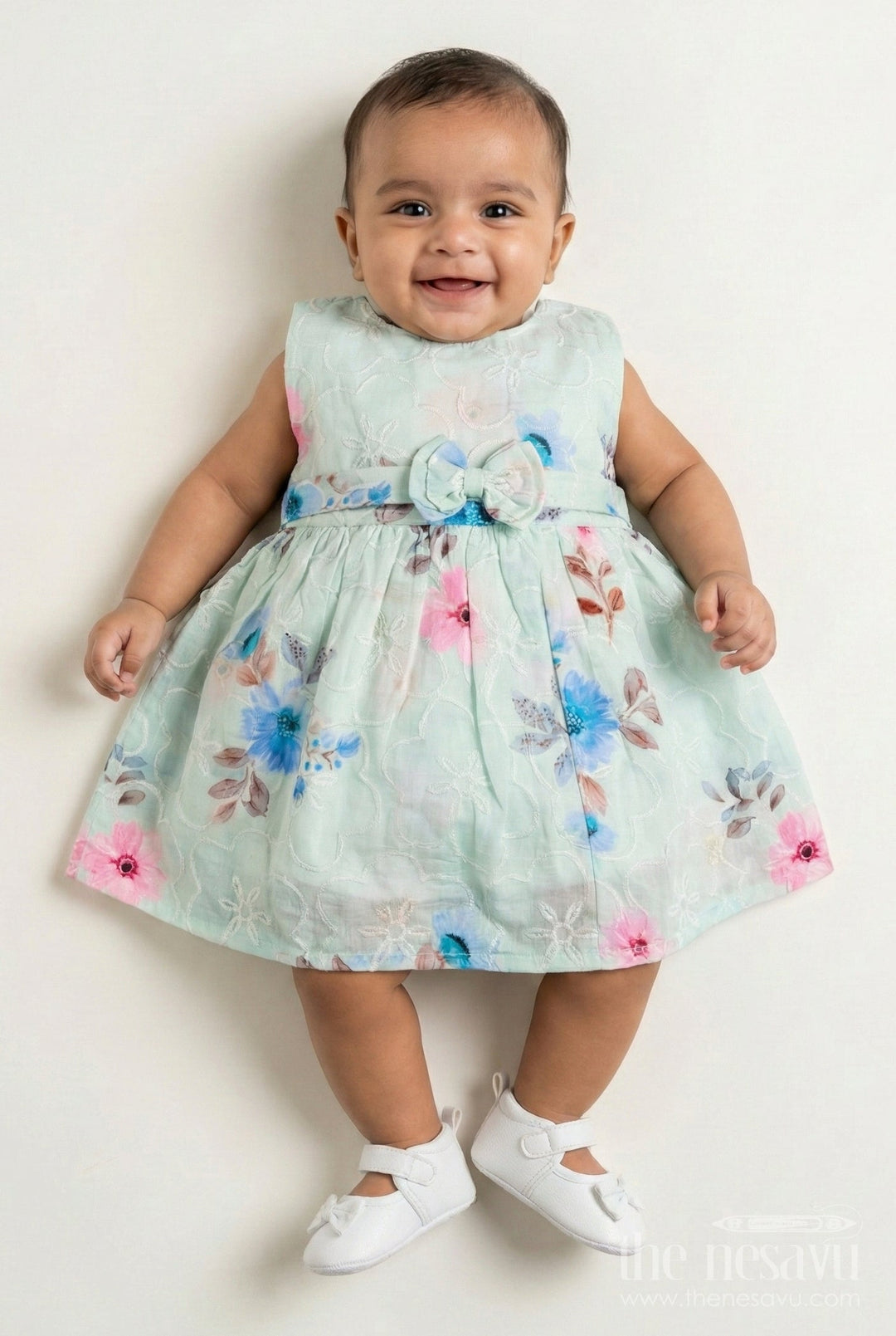 The Nesavu Baby Cotton Frocks Girls Floral Dress with Bow and Digital Printed Blooms in Soft Cotton for Toddlers and Young Kids Nesavu 14 (6M) / Green BFJ809B-14 Nesavu Cotton Girls Floral Dress Bow Digital Printed Pastel Flowers Toddlers