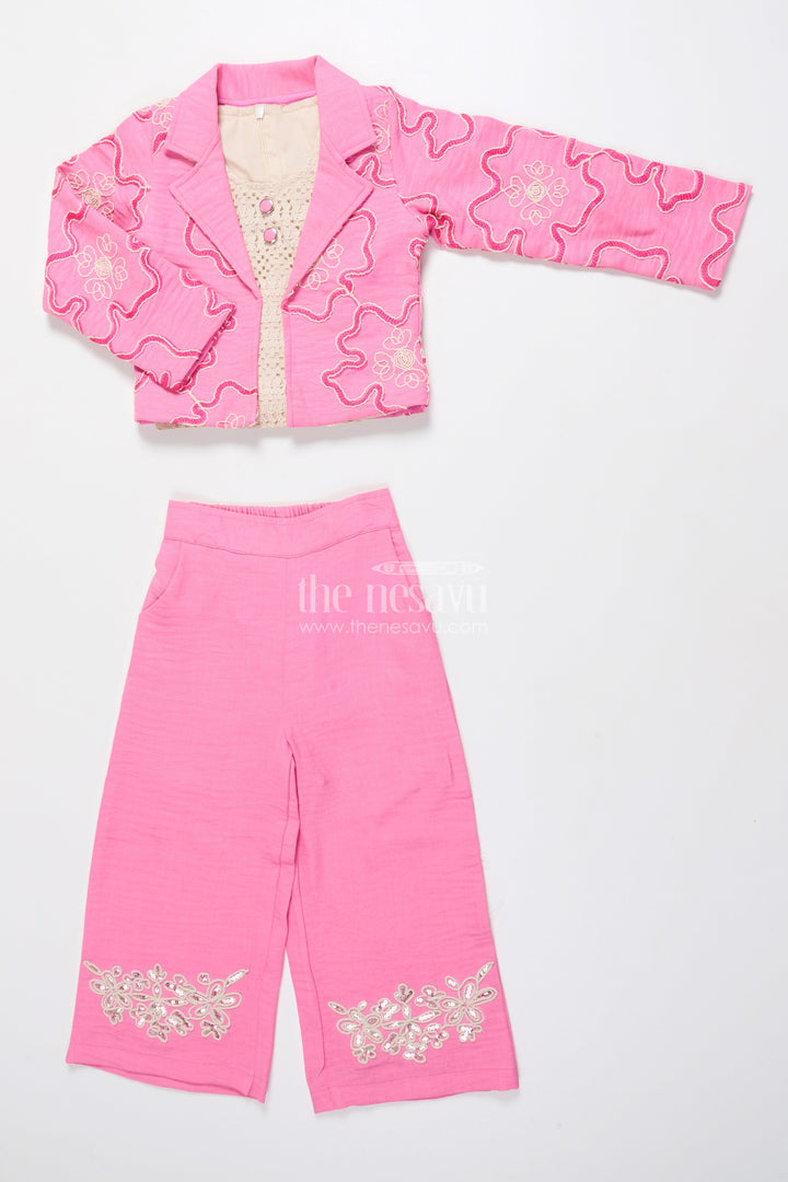 The Nesavu Girls Co-Ord Sets Girls Floral Embroidered Co-Ord Set with Lapel Jacket for Ethnic Day and Functions Nesavu 24 (5Y) / Pink GPS640B-24 Nesavu girls co-ord set floral embroidery lapel jacket ethnic outfit school weddings