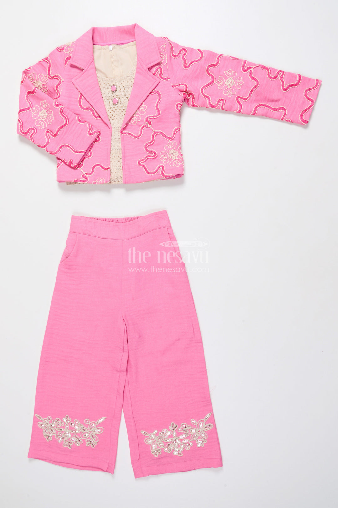 The Nesavu Girls Co-Ord Sets Girls Floral Embroidered Co-Ord Set with Lapel Jacket for Ethnic Day and Functions Nesavu Nesavu girls co-ord set floral embroidery lapel jacket ethnic outfit school weddings