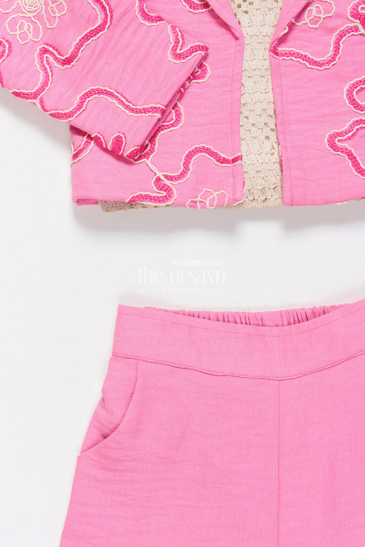 The Nesavu Girls Co-Ord Sets Girls Floral Embroidered Co-Ord Set with Lapel Jacket for Ethnic Day and Functions Nesavu Nesavu girls co-ord set floral embroidery lapel jacket ethnic outfit school weddings