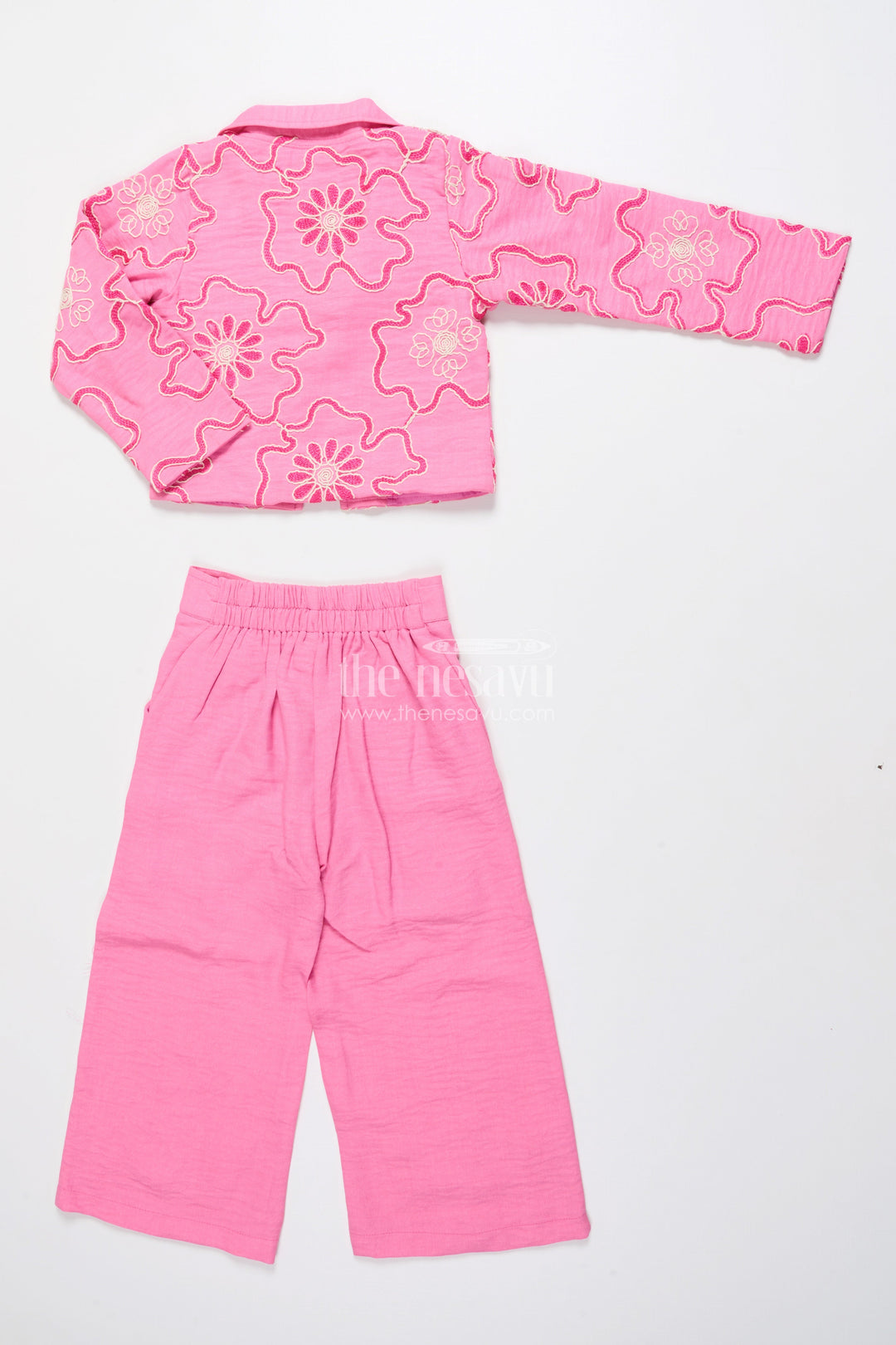 The Nesavu Girls Co-Ord Sets Girls Floral Embroidered Co-Ord Set with Lapel Jacket for Ethnic Day and Functions Nesavu Nesavu girls co-ord set floral embroidery lapel jacket ethnic outfit school weddings