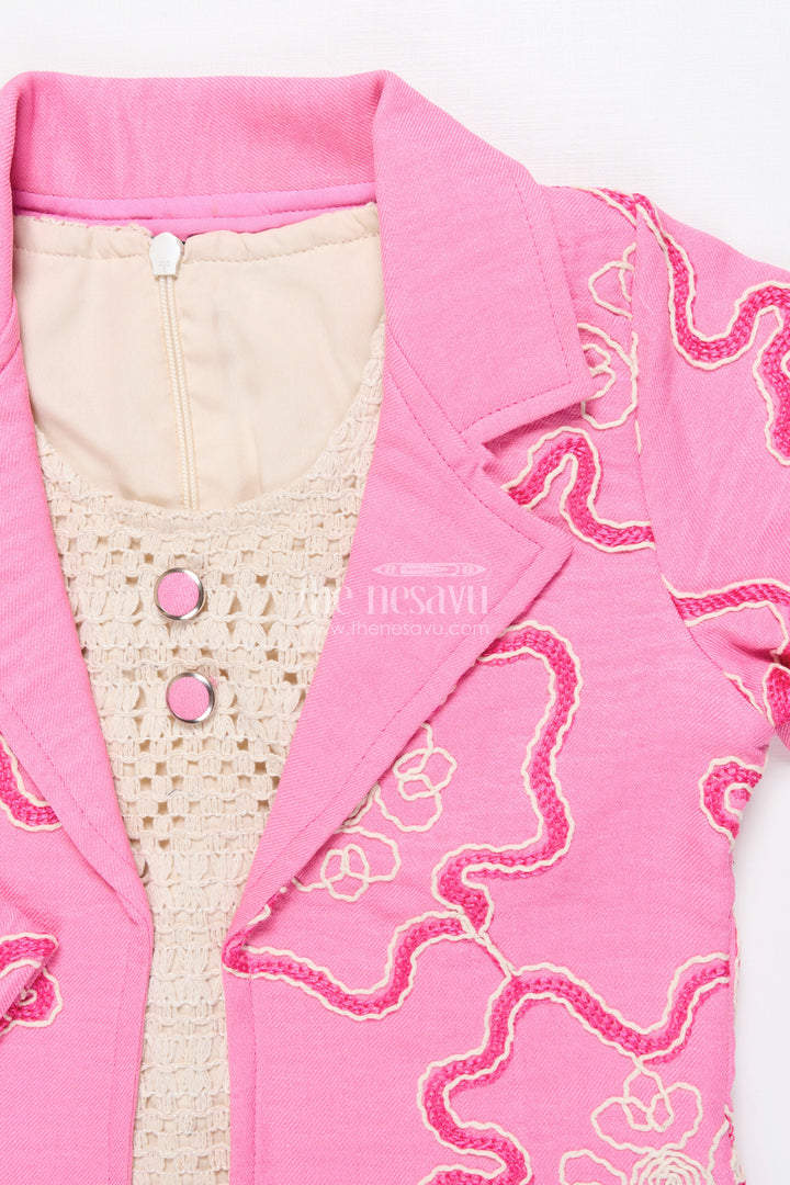 The Nesavu Girls Co-Ord Sets Girls Floral Embroidered Co-Ord Set with Lapel Jacket for Ethnic Day and Functions Nesavu Nesavu girls co-ord set floral embroidery lapel jacket ethnic outfit school weddings