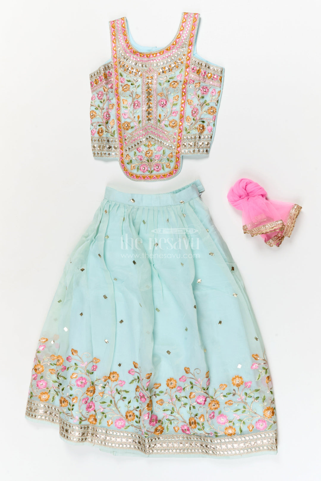 The Nesavu Girls Ethnic Lehenga Girls Floral Embroidered Lehenga Set for Weddings and Cultural Celebrations Nesavu Nesavu girls georgette lehenga choli set with floral embroidery and dupatta for festive weddings
