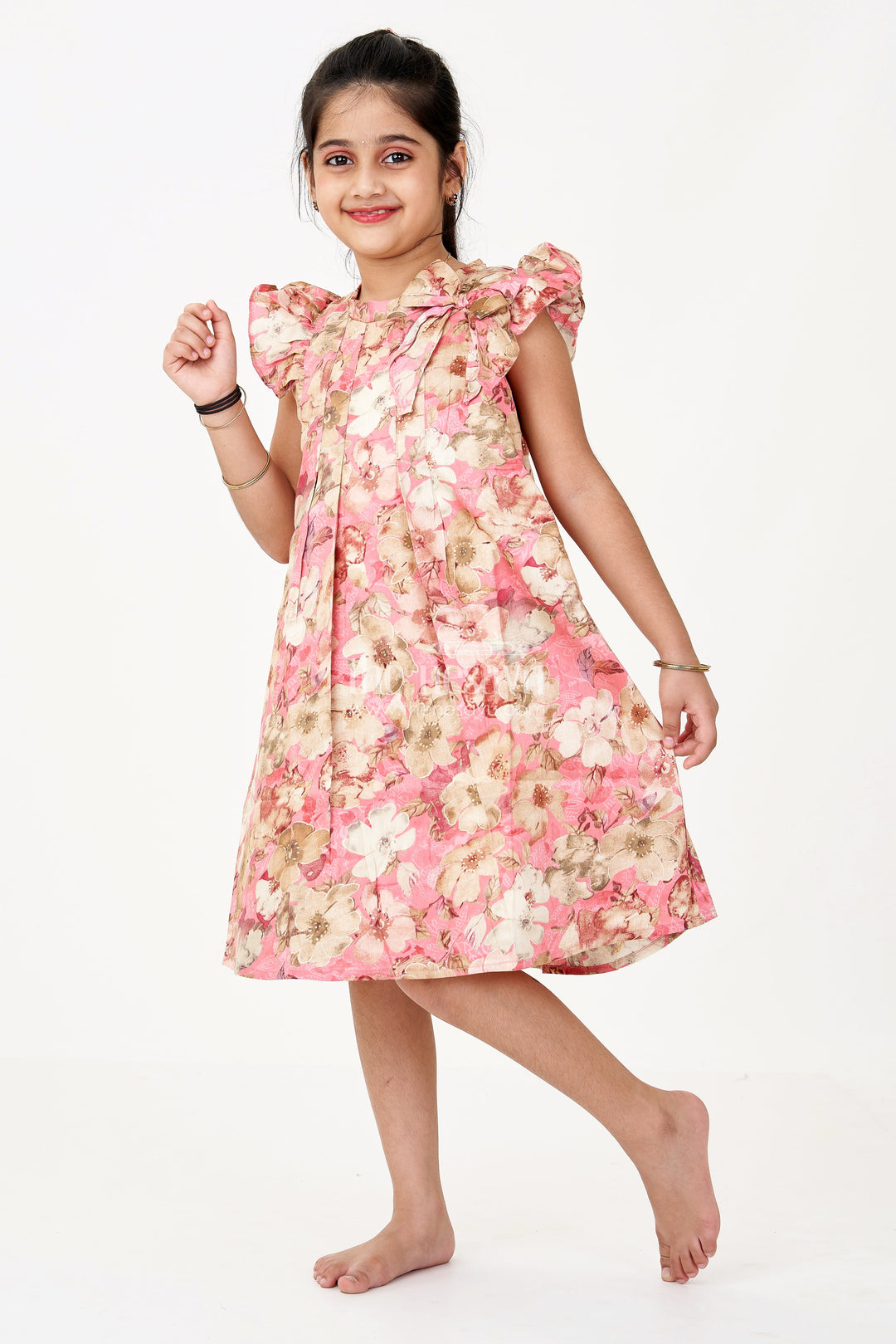 The Nesavu Girls Cotton Frock Girls Floral Evening Dress with Pleated Design and Soft Cotton Fabric for Graceful Comfort Nesavu 16 (1Y) / Pink GFC1611C-16 Nesavu Girls Floral Evening Dress Ruffled Neckline Pleated Design a Chic Look