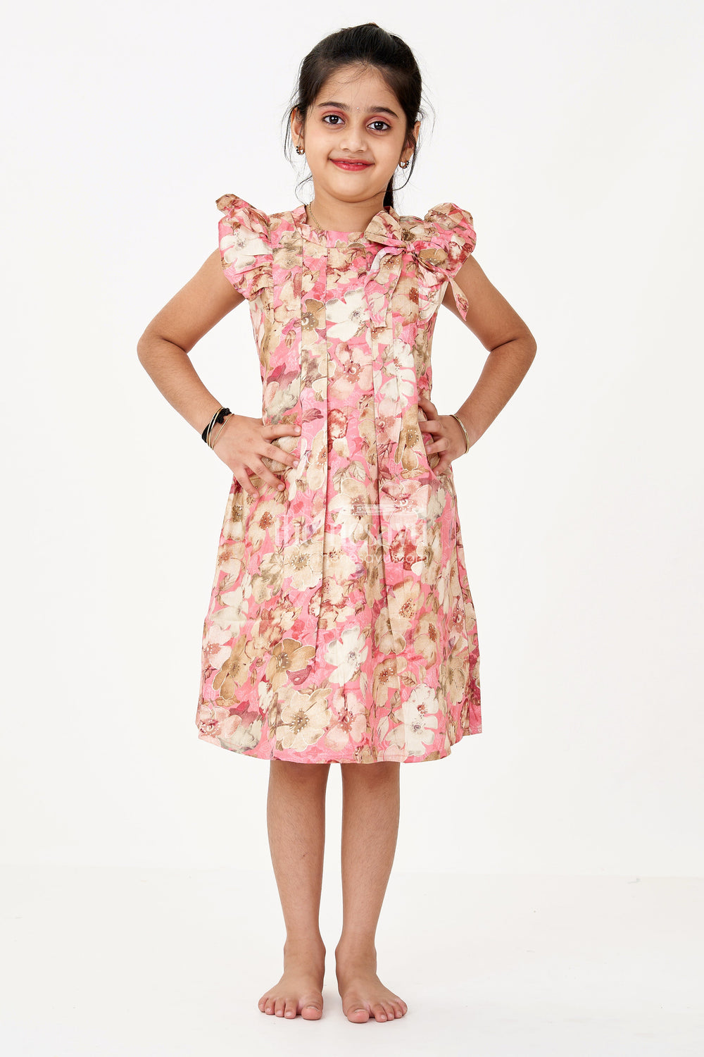 The Nesavu Girls Cotton Frock Girls Floral Evening Dress with Pleated Design and Soft Cotton Fabric for Graceful Comfort Nesavu Nesavu Girls Floral Evening Dress Ruffled Neckline Pleated Design a Chic Look