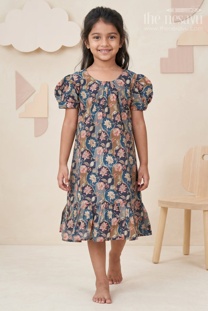 The Nesavu Girls Fancy Frock Girls Floral Frock Pattern Top in Blue Modal Silk with Ruffle Hem and Puff Sleeves for All-Day Style Nesavu 18 (2Y) / Blue GFC1753B-18 Nesavu Girls Blue Floral Modal Silk Frock Pattern Top Puff Sleeves Ruffle Hemline