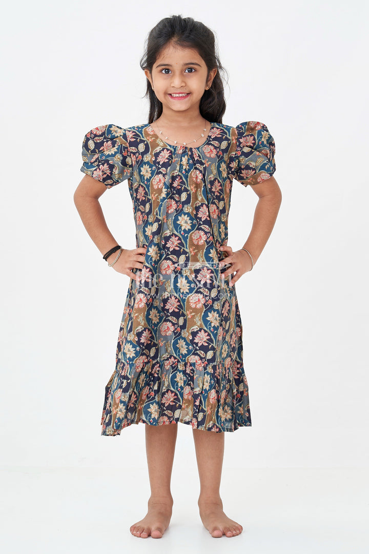 The Nesavu Girls Fancy Frock Girls Floral Frock Pattern Top in Blue Modal Silk with Ruffle Hem and Puff Sleeves for All-Day Style Nesavu Nesavu Girls Blue Floral Modal Silk Frock Pattern Top Puff Sleeves Ruffle Hemline