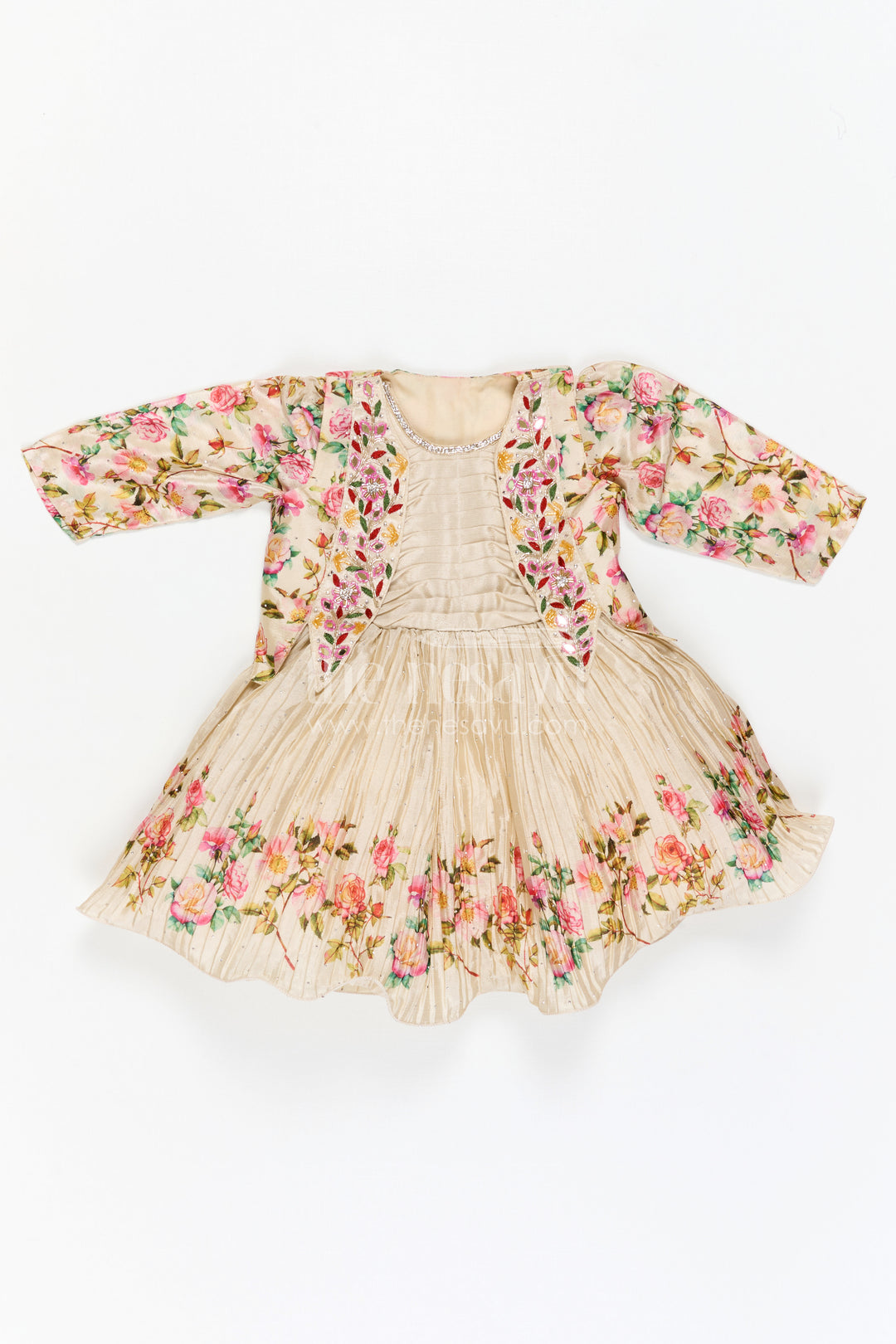 The Nesavu Silk Frock Girls Floral Frock with Jacket in Chinon Silk with Digital Print and Embroidered Stone Work Detailing Nesavu Girls Floral Frock Embroidered Jacket Chinon Silk Digital Print Stone Work | The Nesavu