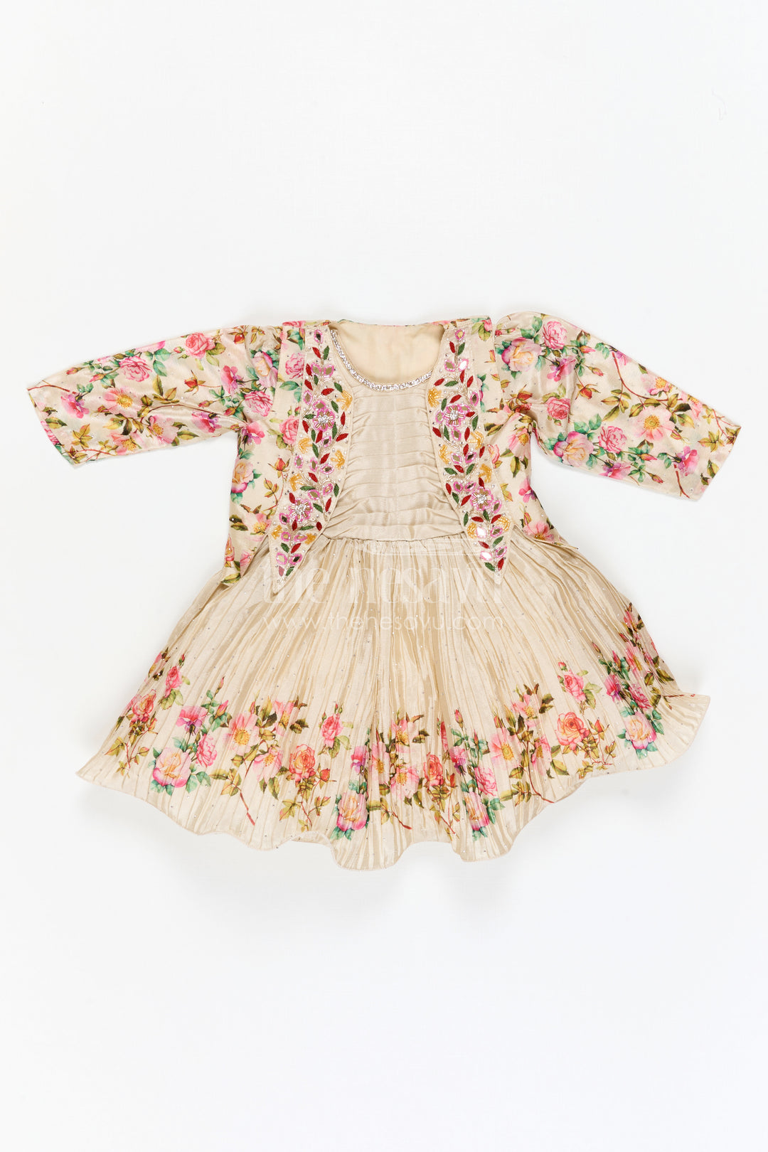 The Nesavu Silk Frock Girls Floral Frock with Jacket in Chinon Silk with Digital Print and Embroidered Stone Work Detailing Nesavu Girls Floral Frock Embroidered Jacket Chinon Silk Digital Print Stone Work | The Nesavu