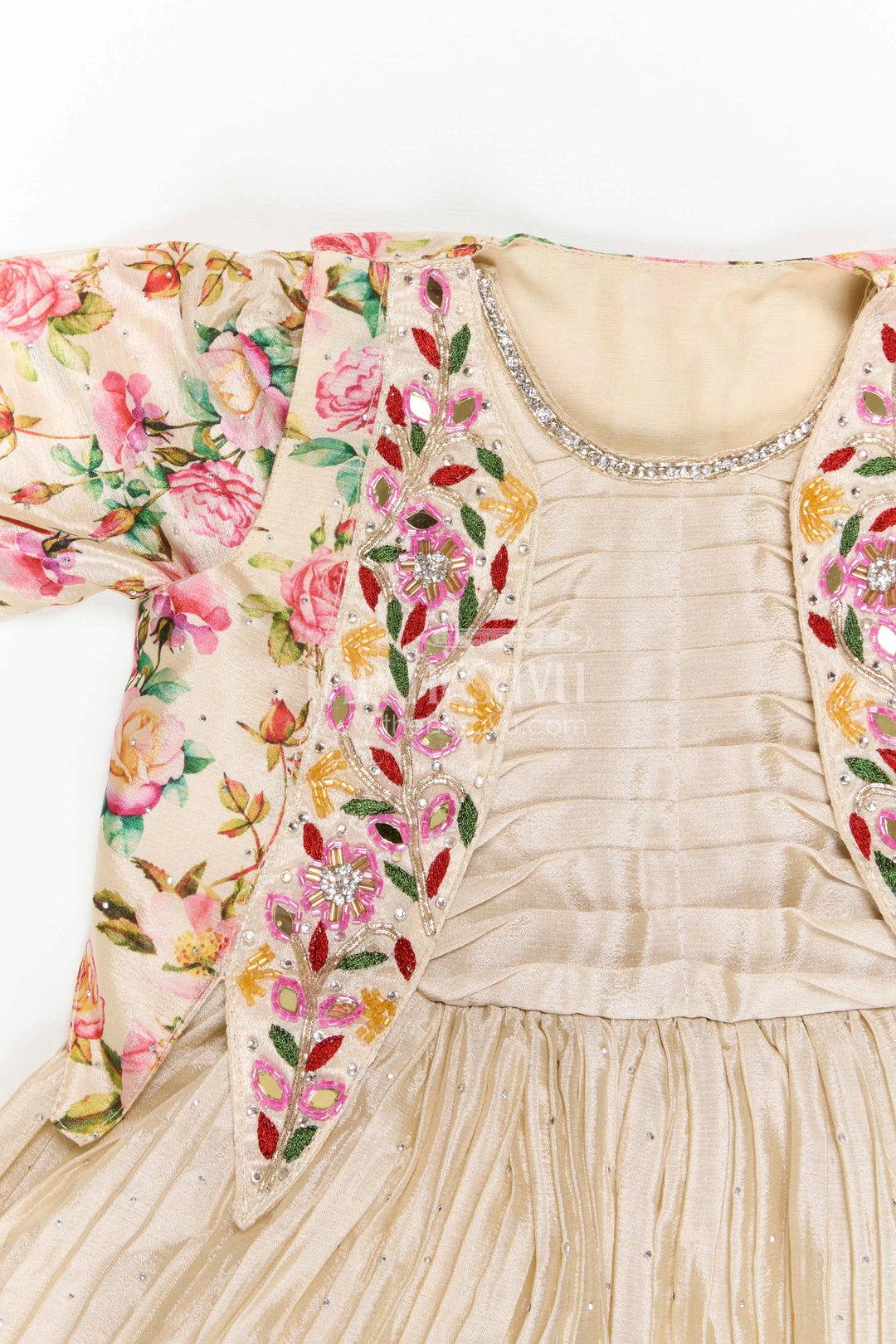 The Nesavu Silk Frock Girls Floral Frock with Jacket in Chinon Silk with Digital Print and Embroidered Stone Work Detailing Nesavu Girls Floral Frock Embroidered Jacket Chinon Silk Digital Print Stone Work | The Nesavu