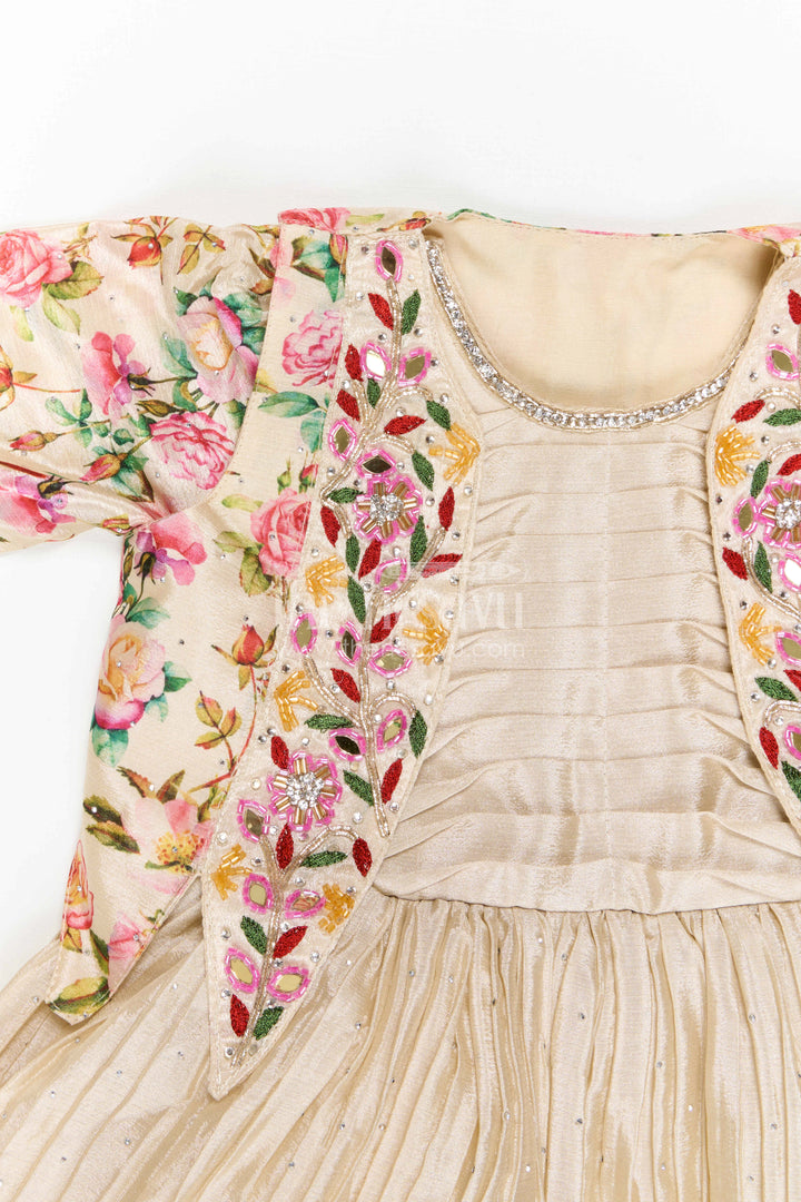 The Nesavu Silk Frock Girls Floral Frock with Jacket in Chinon Silk with Digital Print and Embroidered Stone Work Detailing Nesavu Girls Floral Frock Embroidered Jacket Chinon Silk Digital Print Stone Work | The Nesavu