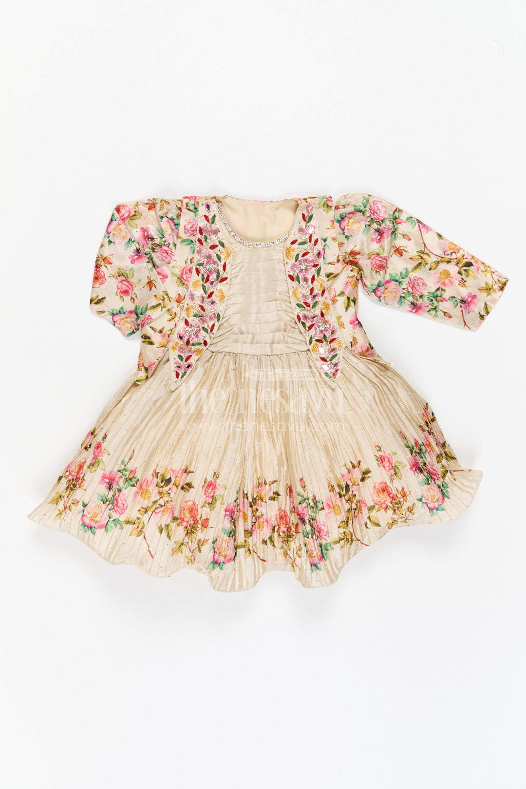 The Nesavu Silk Frock Girls Floral Frock with Jacket in Chinon Silk with Digital Print and Embroidered Stone Work Detailing Nesavu Girls Floral Frock Embroidered Jacket Chinon Silk Digital Print Stone Work | The Nesavu