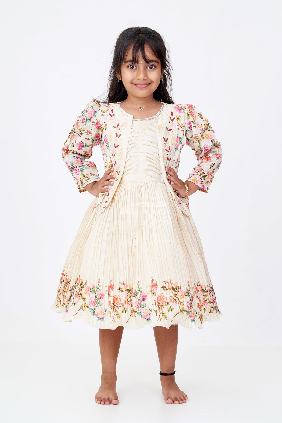 The Nesavu Silk Frock Girls Floral Frock with Jacket in Chinon Silk with Digital Print and Embroidered Stone Work Detailing Nesavu Nesavu Girls Floral Frock Embroidered Jacket Chinon Silk Digital Print Stone Work