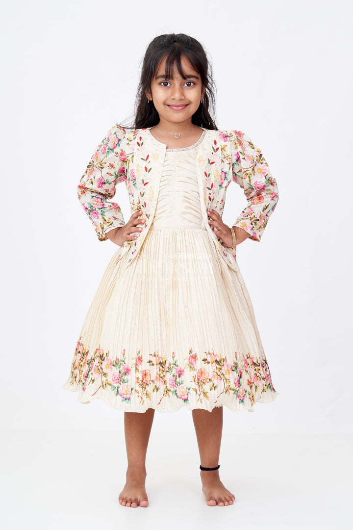 The Nesavu Silk Frock Girls Floral Frock with Jacket in Chinon Silk with Digital Print and Embroidered Stone Work Detailing Nesavu Nesavu Girls Floral Frock Embroidered Jacket Chinon Silk Digital Print Stone Work