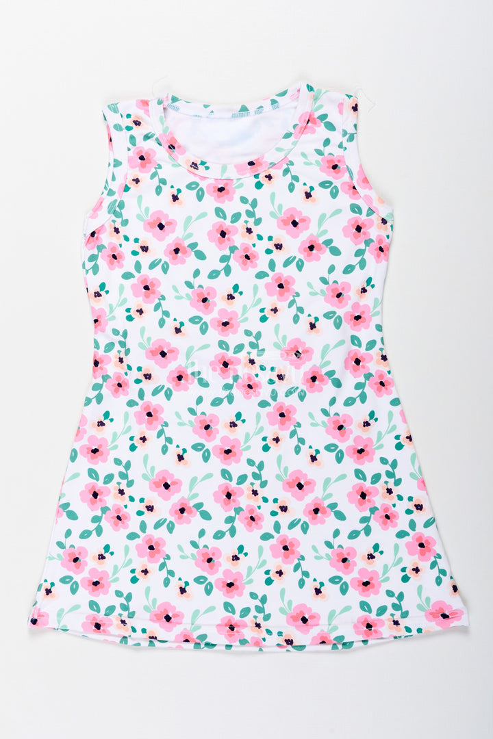 The Nesavu Girls Cotton Frock Girls Floral Frock with Pink Blossoms for Casual Summer Wear Nesavu 22 (4Y) / Multicolor GFC1892A-22 Nesavu Girls Floral Cotton Frock Pink Blossoms Sleeveless Summer Casual Dress