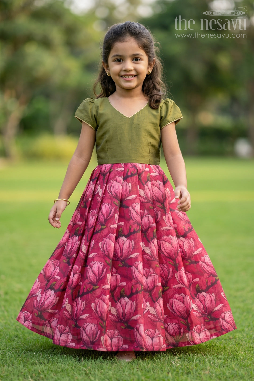 The Nesavu Girls Casual Gown Girls Floral Gown for Festive Birthdays and Family Celebrations Nesavu 16 (1Y) / Pink / Chanderi GA398A-16 Nesavu Girls Floral Gown For Birthday Celebrations And Festive Family Occasions With Digital Print