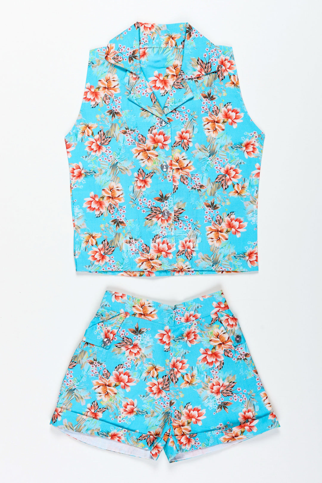 The Nesavu Girls Jumpsuit Girls Floral Jumpsuit for Beach Vacations and Summer Fun Nesavu 20 (3Y) / Blue GPS733A-20 Nesavu Turquoise Floral Girls Jumpsuit Set Sleeveless Cotton Outfit Summer Travel