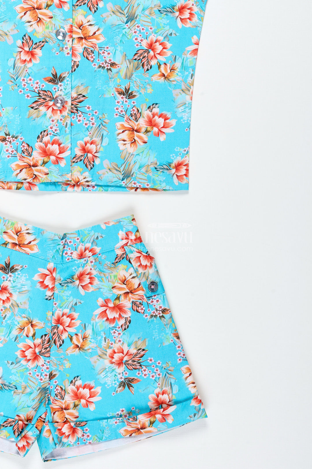 The Nesavu Girls Jumpsuit Girls Floral Jumpsuit for Beach Vacations and Summer Fun Nesavu Nesavu Turquoise Floral Girls Jumpsuit Set Sleeveless Cotton Outfit Summer Travel