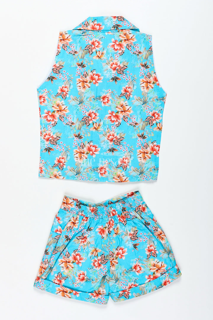 The Nesavu Girls Jumpsuit Girls Floral Jumpsuit for Beach Vacations and Summer Fun Nesavu Nesavu Turquoise Floral Girls Jumpsuit Set Sleeveless Cotton Outfit Summer Travel