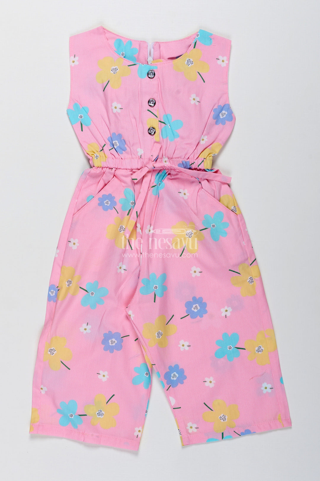 The Nesavu Girls Jumpsuit Girls Floral Jumpsuit for Birthdays and Holiday Wear Nesavu 20 (3Y) / Pink GFC1900A-20 Nesavu Pastel Pink Floral Cotton Jumpsuit Girls Sleeveless Outfit Tie-Up Waist Headband