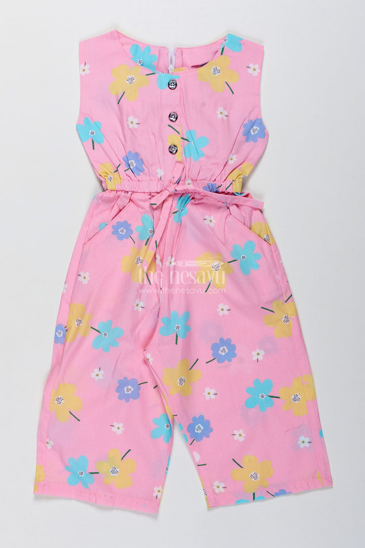 The Nesavu Girls Jumpsuit Girls Floral Jumpsuit for Birthdays and Holiday Wear Nesavu 20 (3Y) / Pink GFC1900A-20 Nesavu Pastel Pink Floral Cotton Jumpsuit Girls Sleeveless Outfit Tie-Up Waist Headband