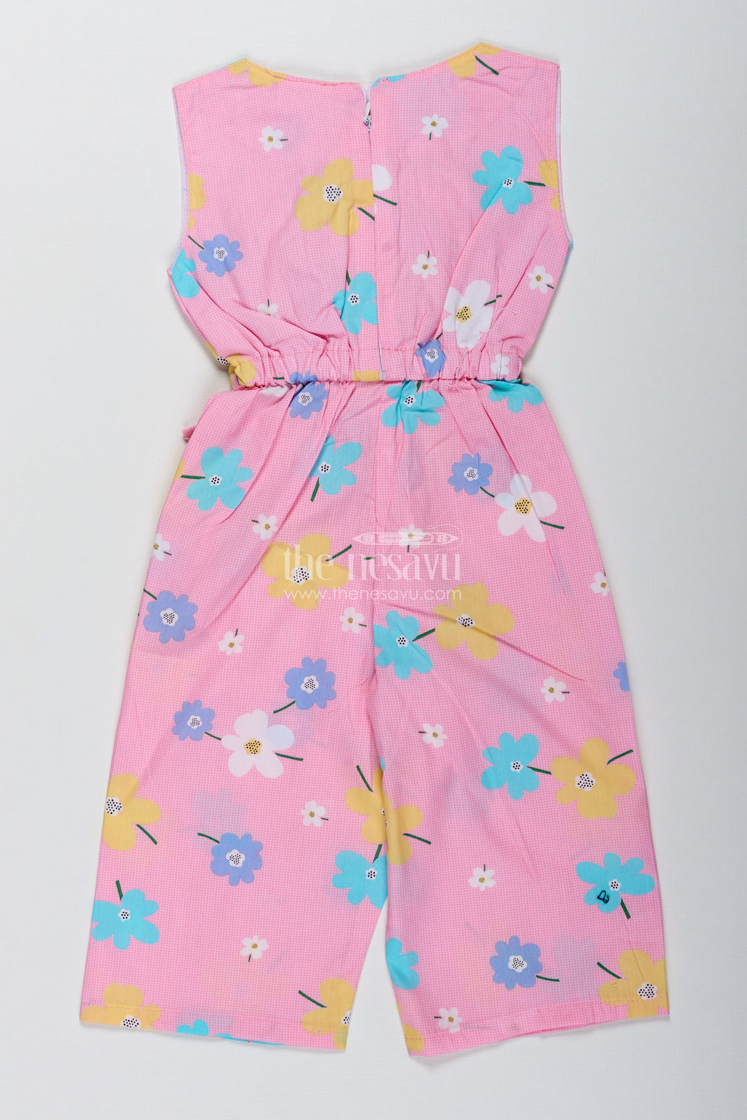 The Nesavu Girls Jumpsuit Girls Floral Jumpsuit for Birthdays and Holiday Wear Nesavu Nesavu Pastel Pink Floral Cotton Jumpsuit Girls Sleeveless Outfit Tie-Up Waist Headband