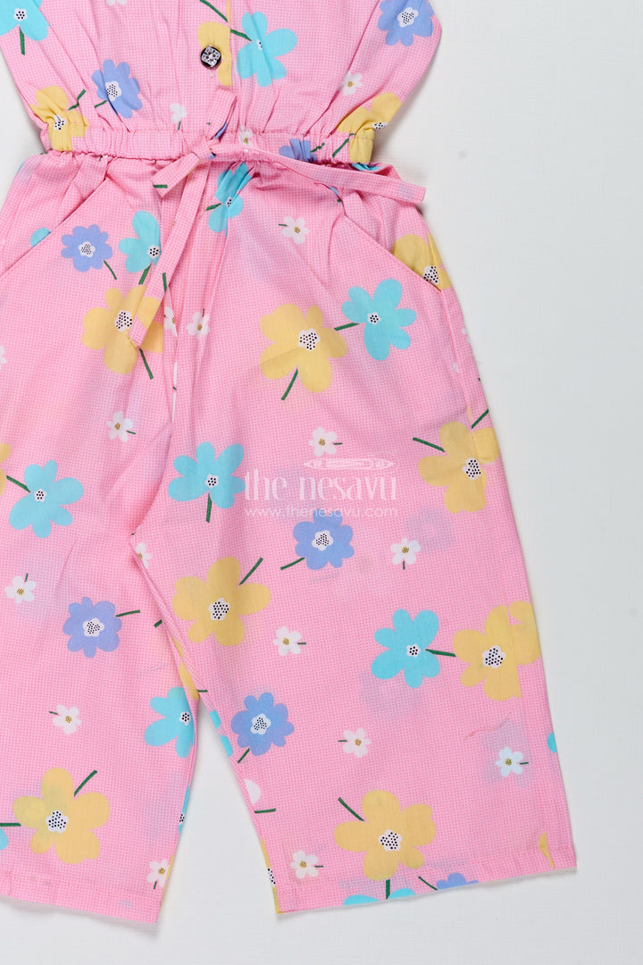 The Nesavu Girls Jumpsuit Girls Floral Jumpsuit for Birthdays and Holiday Wear Nesavu Nesavu Pastel Pink Floral Cotton Jumpsuit Girls Sleeveless Outfit Tie-Up Waist Headband