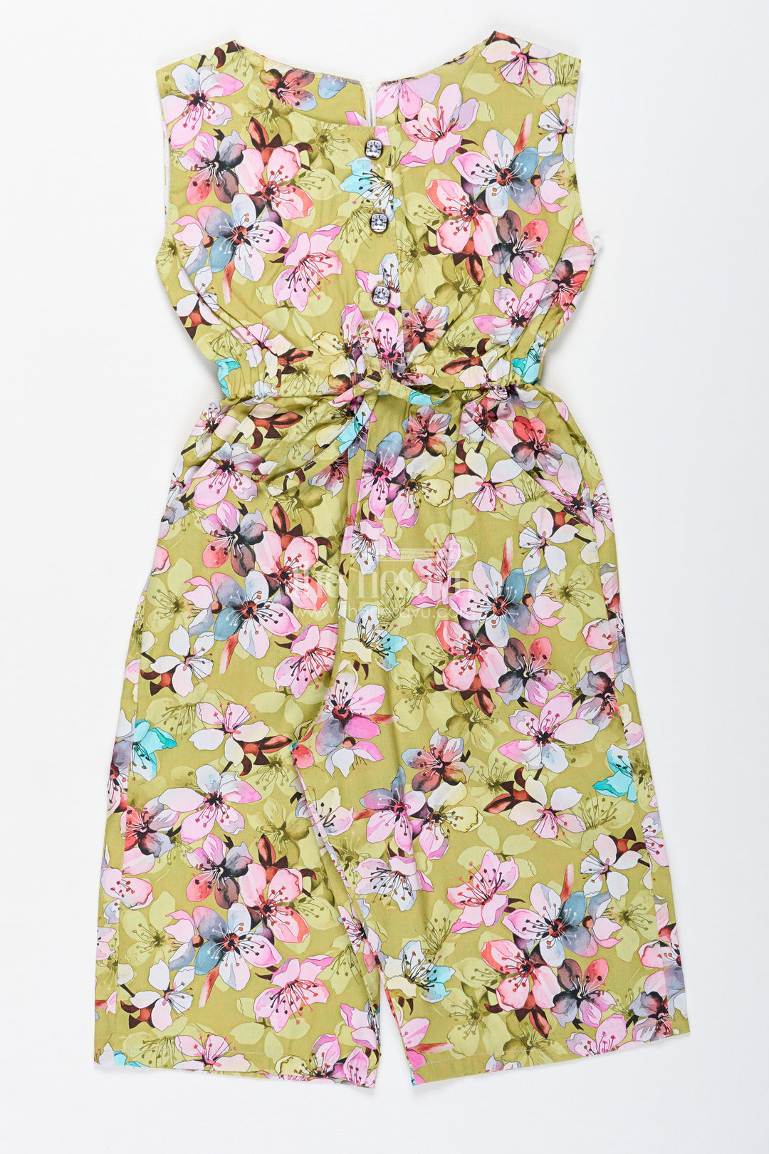 The Nesavu Girls Jumpsuit Girls Floral Jumpsuit for Festive Fun and Summer Adventures Nesavu 20 (3Y) / Green GFC1897A-20 Nesavu Mustard Floral Cotton Jumpsuit Girls Sleeveless Festive Wear Belt Headband