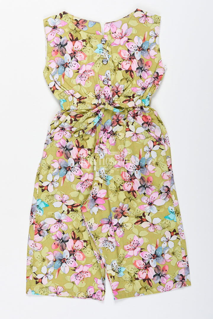 The Nesavu Girls Jumpsuit Girls Floral Jumpsuit for Festive Fun and Summer Adventures Nesavu 20 (3Y) / Green GFC1897A-20 Nesavu Mustard Floral Cotton Jumpsuit Girls Sleeveless Festive Wear Belt Headband