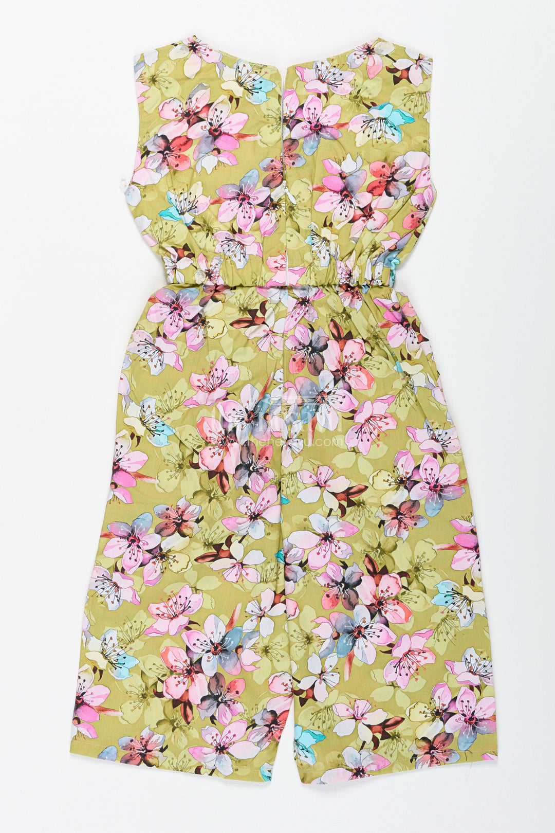 The Nesavu Girls Jumpsuit Girls Floral Jumpsuit for Festive Fun and Summer Adventures Nesavu Nesavu Mustard Floral Cotton Jumpsuit Girls Sleeveless Festive Wear Belt Headband