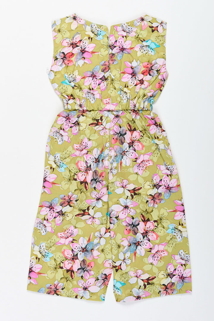 The Nesavu Girls Jumpsuit Girls Floral Jumpsuit for Festive Fun and Summer Adventures Nesavu Nesavu Mustard Floral Cotton Jumpsuit Girls Sleeveless Festive Wear Belt Headband