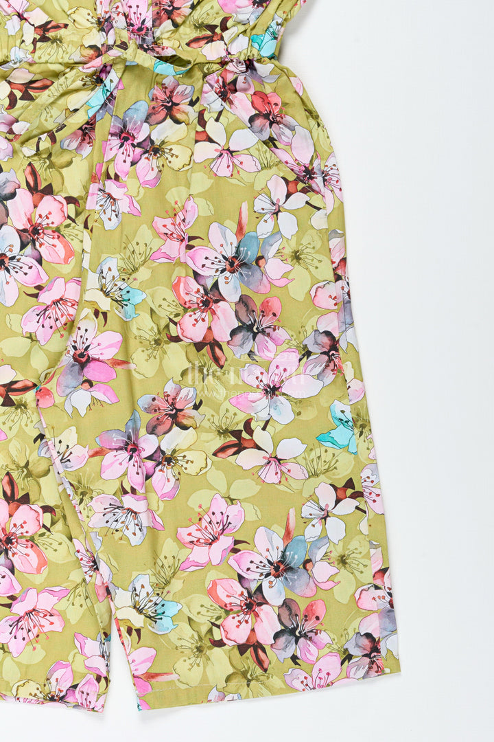 The Nesavu Girls Jumpsuit Girls Floral Jumpsuit for Festive Fun and Summer Adventures Nesavu Nesavu Mustard Floral Cotton Jumpsuit Girls Sleeveless Festive Wear Belt Headband