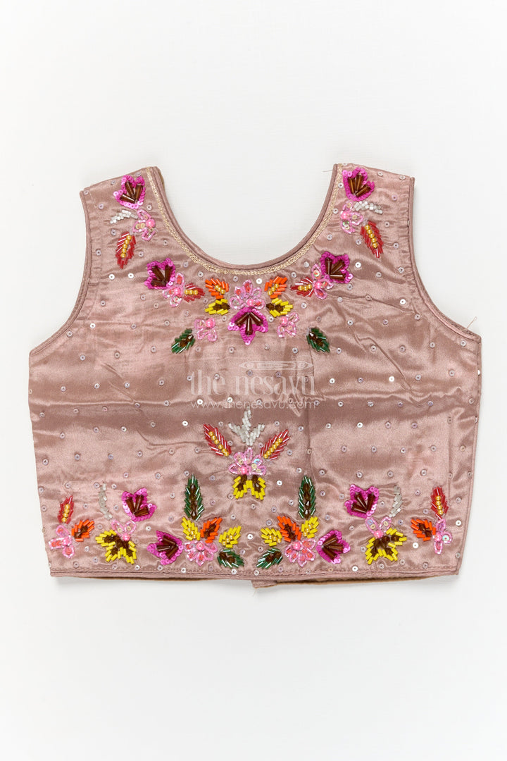 The Nesavu Girls Ethnic Lehenga Girls Floral Lehenga Set with Sleeveless Blouse for Birthdays and Special Occasions Nesavu Nesavu girls floral printed lehenga set in chinon fabric with embroidered blouse for festive celebrations