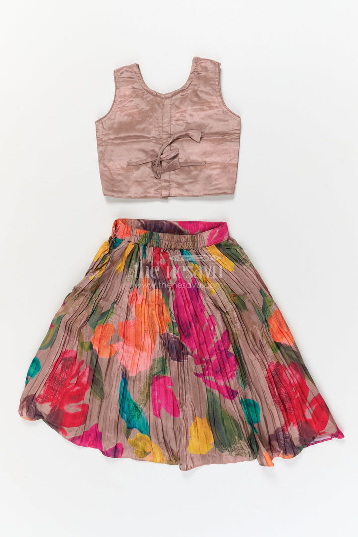 The Nesavu Girls Ethnic Lehenga Girls Floral Lehenga Set with Sleeveless Blouse for Birthdays and Special Occasions Nesavu Nesavu girls floral printed lehenga set in chinon fabric with embroidered blouse for festive celebrations