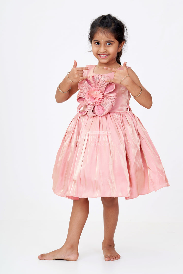 The Nesavu Girls Fancy Party Frock Girls Floral Party Dress in Glazed Organza with Oversized Textured Flower and Elegant Flared Silhouette Nesavu 16 (1Y) / Pink PF212A-16 Girls Floral Party Dress Glazed Organza 3D Flower Embellishment Elegant Flair | The Nesavu