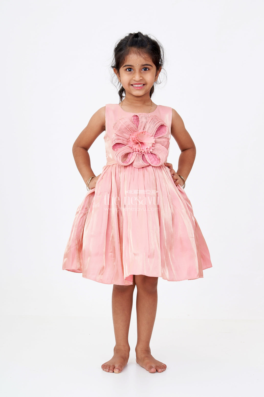 The Nesavu Girls Fancy Party Frock Girls Floral Party Dress in Glazed Organza with Oversized Textured Flower and Elegant Flared Silhouette Nesavu Girls Floral Party Dress Glazed Organza 3D Flower Embellishment Elegant Flair | The Nesavu