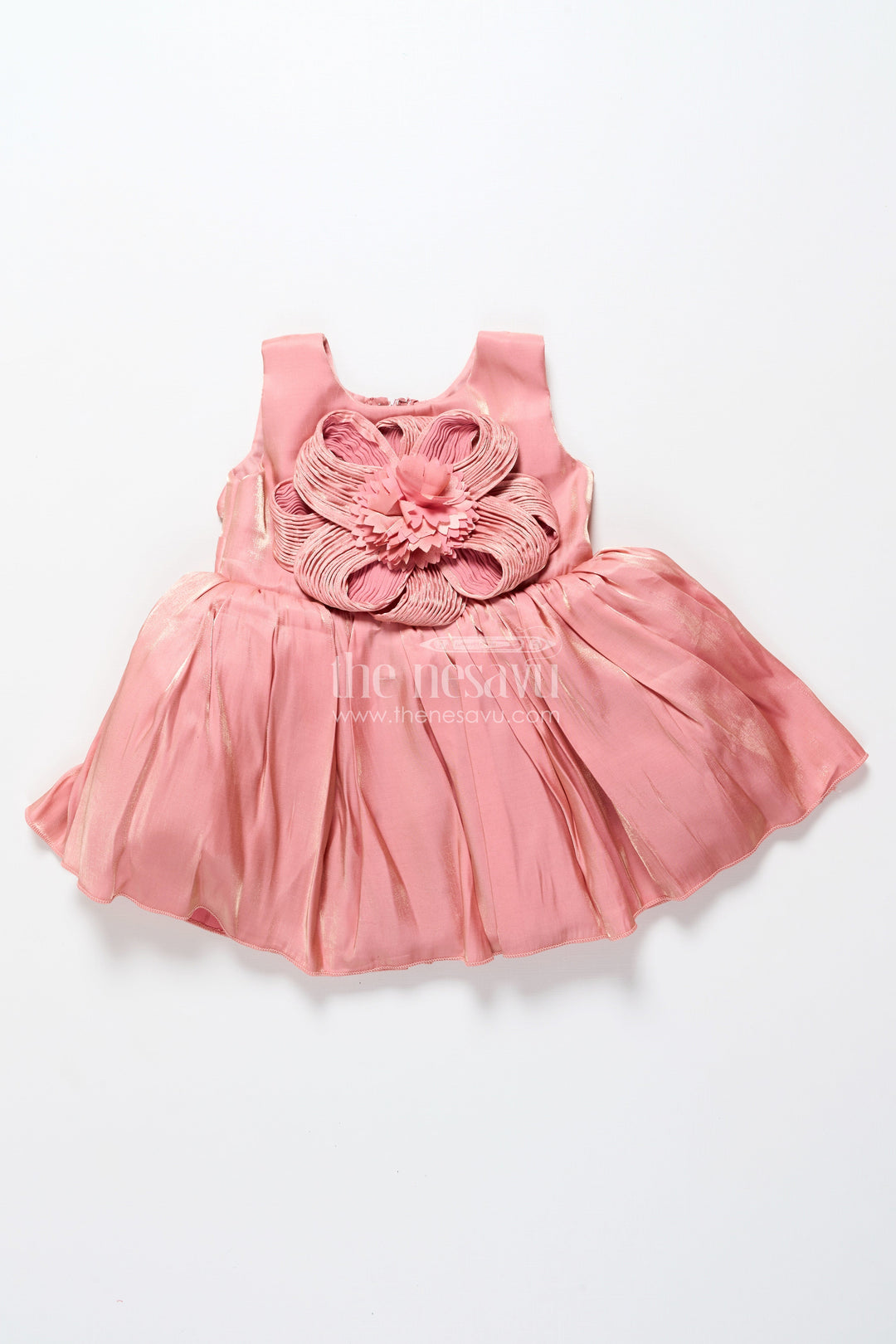 The Nesavu Girls Fancy Party Frock Girls Floral Party Dress in Glazed Organza with Oversized Textured Flower and Elegant Flared Silhouette Nesavu Girls Floral Party Dress Glazed Organza 3D Flower Embellishment Elegant Flair | The Nesavu