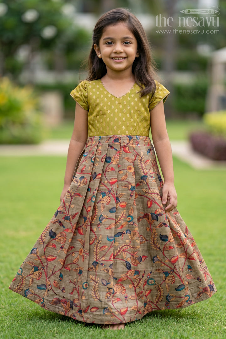 The Nesavu Girls Casual Gown Girls Floral Party Gown for Festive Celebrations and Family Events Nesavu 14 (6M) / Green / Chanderi GA397A-14 Nesavu Girls Floral Party Gown For Festive Family Events And Celebration Wear For Kids