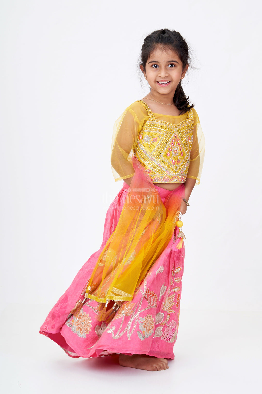 The Nesavu Girls Lehenga Choli Girls Floral Pink Lehenga in Viscose Tissue with Embroidered Choli and Multicolor Net Dupatta Nesavu 16 (1Y) / Pink GL620A-16 Girls Floral Pink Lehenga Viscose Tissue Mirror Embroidery Bright Net Dupatta | The Nesavu