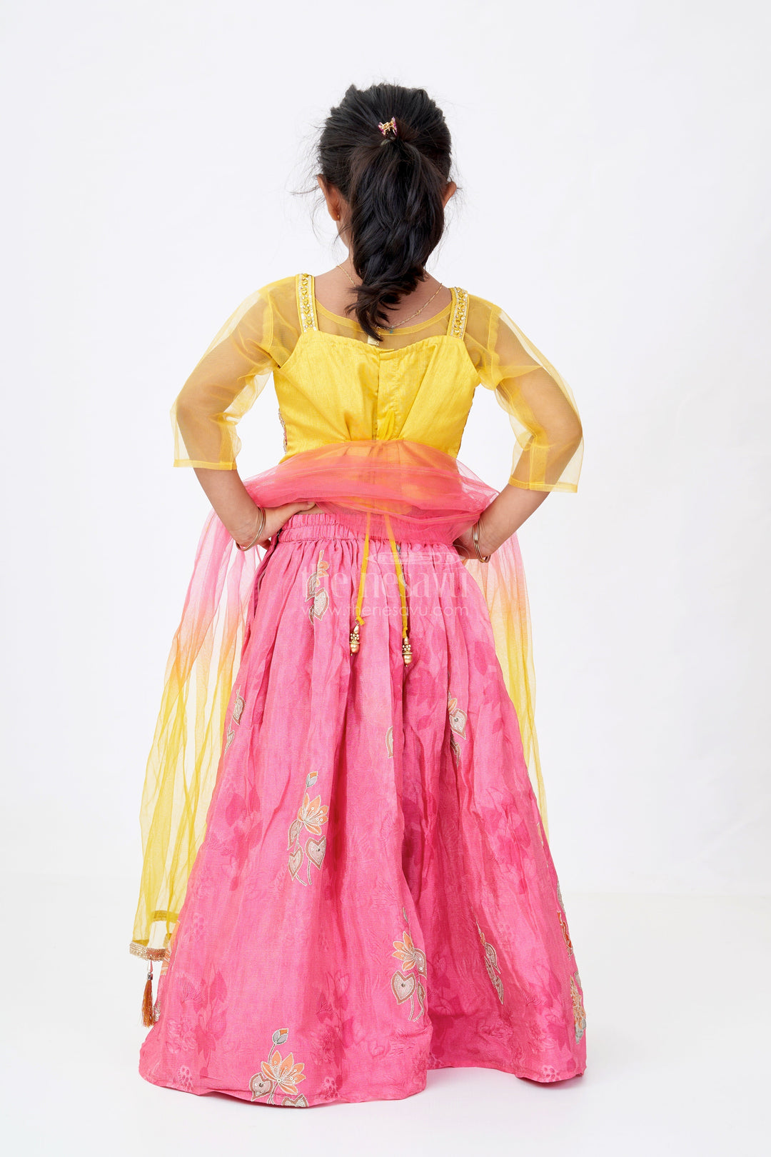 The Nesavu Girls Lehenga Choli Girls Floral Pink Lehenga in Viscose Tissue with Embroidered Choli and Multicolor Net Dupatta Nesavu Girls Floral Pink Lehenga Viscose Tissue Mirror Embroidery Bright Net Dupatta | The Nesavu