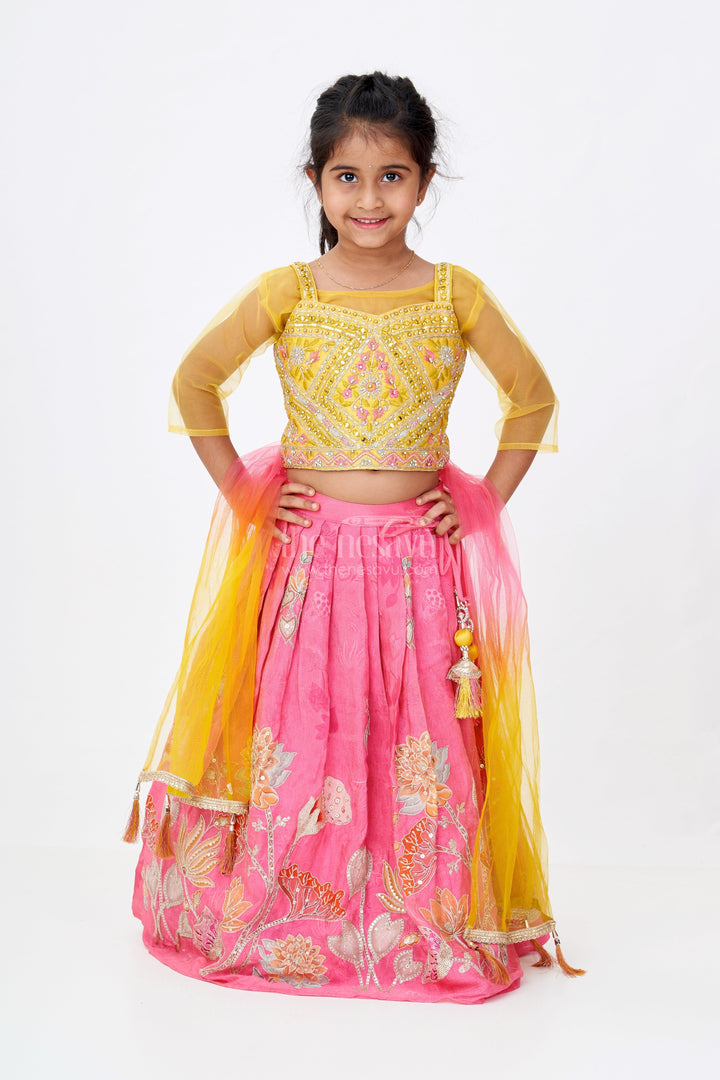 The Nesavu Girls Lehenga Choli Girls Floral Pink Lehenga in Viscose Tissue with Embroidered Choli and Multicolor Net Dupatta Nesavu Girls Floral Pink Lehenga Viscose Tissue Mirror Embroidery Bright Net Dupatta | The Nesavu