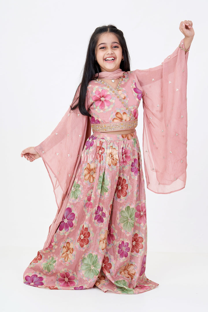 The Nesavu Girls Sharara / Plazo Set Girls Floral Plazo and Top Set with Organza Sleeves and Embroidered Details Nesavu 24 (5Y) / Maroon GPS509A-24 Girls Floral Printed Plazo Top Set Embroidered Sleeves Dupatta | The Nesavu