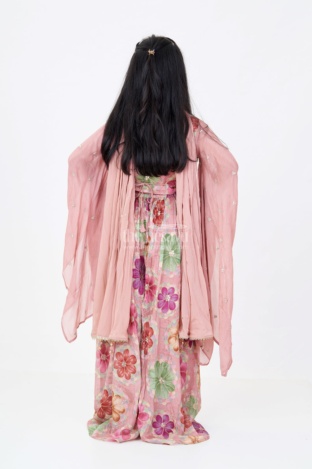 The Nesavu Girls Sharara / Plazo Set Girls Floral Plazo and Top Set with Organza Sleeves and Embroidered Details Nesavu Girls Floral Printed Plazo Top Set Embroidered Sleeves Dupatta | The Nesavu