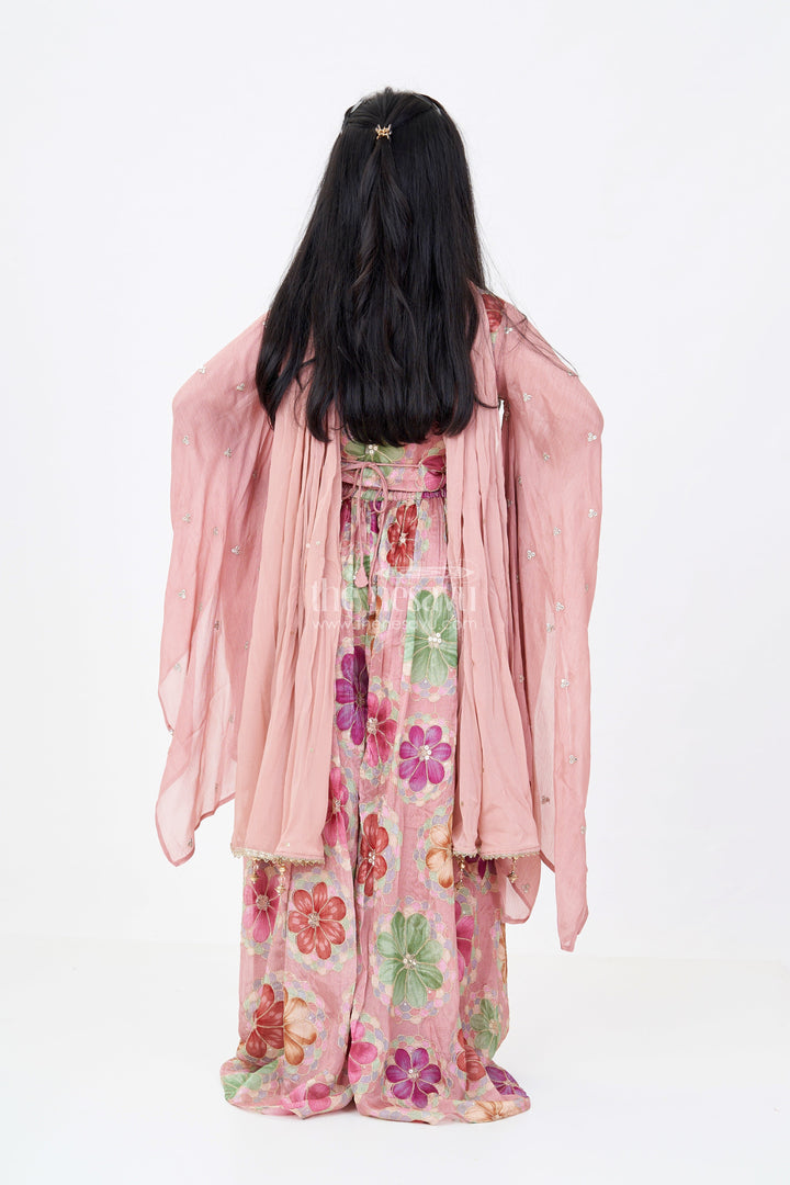 The Nesavu Girls Sharara / Plazo Set Girls Floral Plazo and Top Set with Organza Sleeves and Embroidered Details Nesavu Girls Floral Printed Plazo Top Set Embroidered Sleeves Dupatta | The Nesavu
