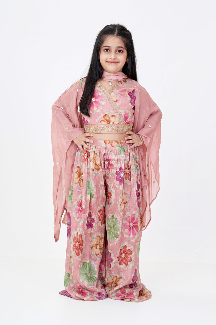 The Nesavu Girls Sharara / Plazo Set Girls Floral Plazo and Top Set with Organza Sleeves and Embroidered Details Nesavu Girls Floral Printed Plazo Top Set Embroidered Sleeves Dupatta | The Nesavu