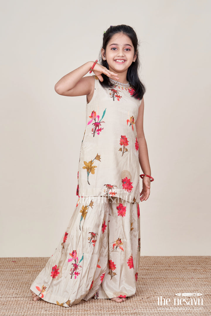 The Nesavu Girls Sharara / Plazo Set Girls Floral Plazo Set with Muslin Silk Top for Festive Day Events Nesavu 18 (2Y) / Peach GPS773B-18 Nesavu girls muslin silk plazo set floral print  perfect festive daytime events casual functions