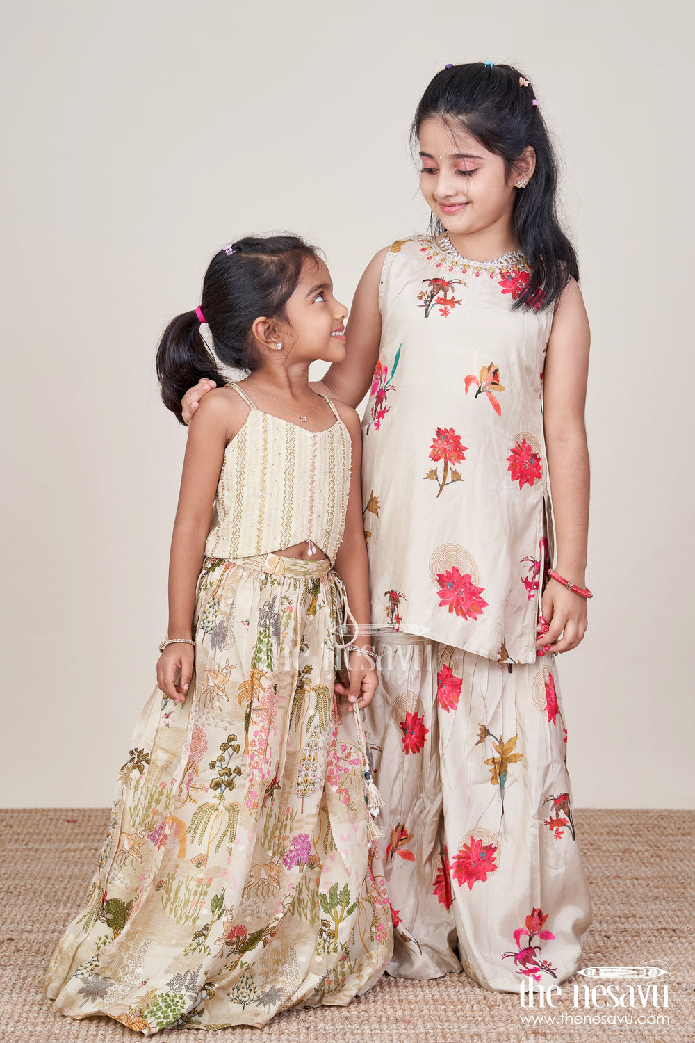 The Nesavu Girls Sharara / Plazo Set Girls Floral Plazo Set with Muslin Silk Top for Festive Day Events Nesavu Nesavu girls muslin silk plazo set floral print  perfect festive daytime events casual functions