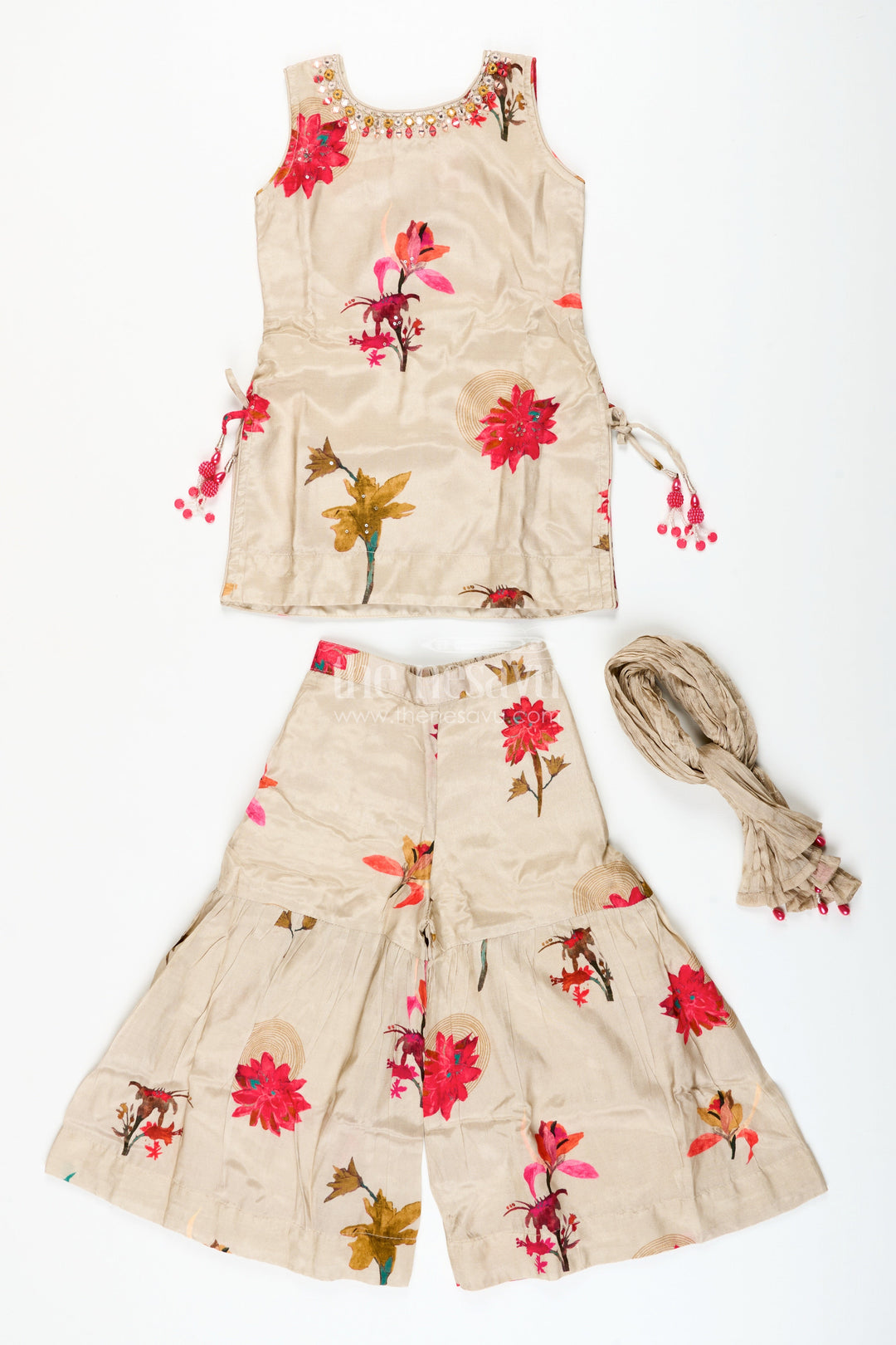 The Nesavu Girls Sharara / Plazo Set Girls Floral Plazo Set with Muslin Silk Top for Festive Day Events Nesavu Nesavu girls muslin silk plazo set floral print  perfect festive daytime events casual functions