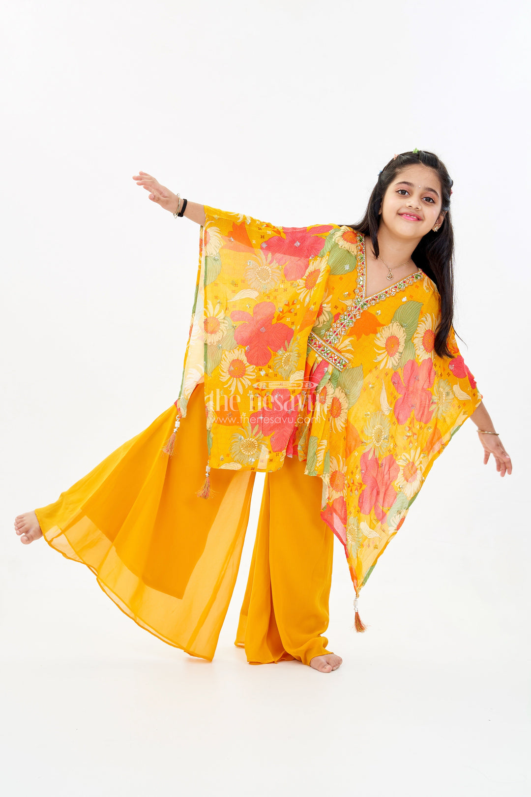 The Nesavu Girls Sharara / Plazo Set Girls Floral Printed Kurti and Plazoo Set in Chinon Silk with Dupatta for Festive Wear Nesavu 24 (5Y) / Yellow GPS556A-24 Girls Floral Printed Kurti Plazoo Set Chinon Silk Dupatta Festive Look | The Nesavu