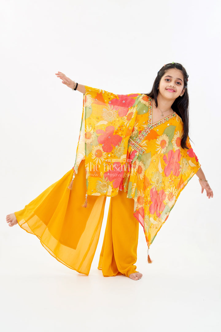 The Nesavu Girls Sharara / Plazo Set Girls Floral Printed Kurti and Plazoo Set in Chinon Silk with Dupatta for Festive Wear Nesavu 24 (5Y) / Yellow GPS556A-24 Girls Floral Printed Kurti Plazoo Set Chinon Silk Dupatta Festive Look | The Nesavu